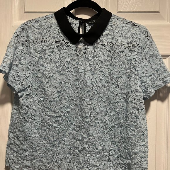 Zara  Blue Lace Top Black Peter Pan Collar Sz XL - Picture 2 of 4